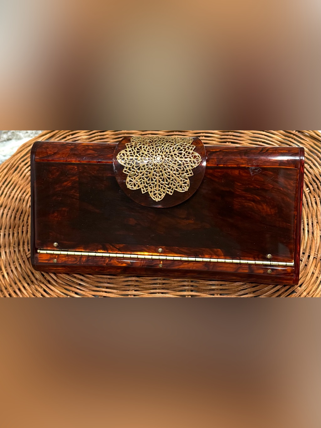 Vintage Wilardy Tortoise Lucite Clutch Purse Gold Filigree 1950s